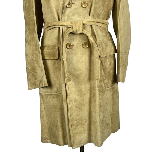 VINTAGE PORTO GALIA 70's SUEDE LEATHER TAN DOUBLE BREAST BELTED TRENCH COAT14/16 - Picture 9 of 13